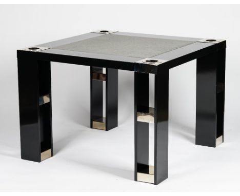 A contemporary black lacquered games table, the square top with grey felt inset and nickel accents, 100cm wide x 72cm high.