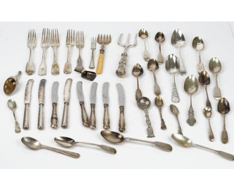 A group of silver flatware, comprising; four fiddle pattern dessert forks, a Christening spoon and fork, part of a caddy spoo