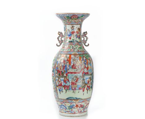 A Chinese famille-rose two-handled baluster vase, 19th century, painted on one side with a large panel depicting a battle sce