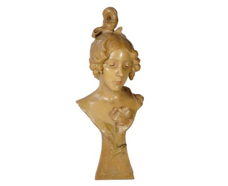 An Art Nouveau painted terracotta portrait bust inscribed 'La Pensee', 55cm high. Condition Report Numerous chips and cracks 