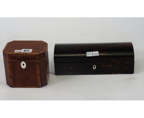 A George III tulipwood banded harewood single caddy, of canted rectangular form, 12.5cm wide x 11cm high, together with a Vic
