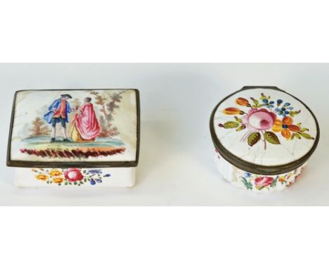 A late 18th-century South Staffordshire circular enamel patch box, painted with flowers, 6.1cm diameter, and a rectangular en