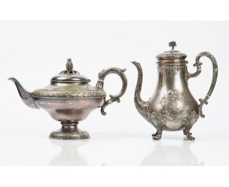 A French silver coffee pot of baluster form, the body with two monogram engraved Rococo cartouches, foliate decorated handle,