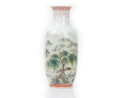 A tall Chinese porcelain rouleau vase, painted with a mountainous landscape, signed and with iron-red seal, 41cm high. Condit