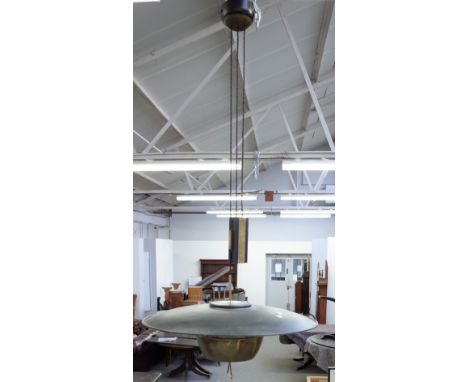 In the manner of Gaetano Sciolari, a black painted metal, brass and glass, dish shaped height adjustable ceiling light, diame