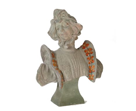 A French Art Nouveau glazed pottery bust of a lady, numbered 801, with a seal for ceramique charenton depose, 57cm high. Cond