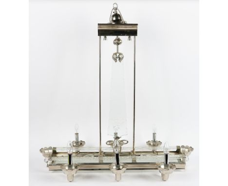 An Art Deco style glass and chrome six light pendant light fitting, with star cut glass panel, the inset curved frosted glass