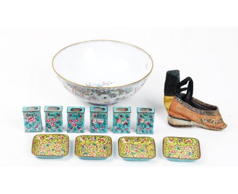 A group of Canton enamels, 20th century, comprising; a famille-rose bowl painted with figures and deer in a landscape, 19.5cm