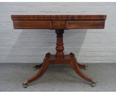 A George III brass inlaid mahogany 'D' shape card table, on turned column and four downswept supports, 92cm wide x 74cm high.