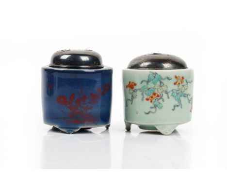Two Japanese cylindrical koro, Edo period, possibly 18th century, the first decorated in underglaze blue and iron-red enamel 