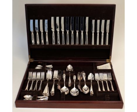 A silver plated canteen of table flatware, comprising; twelve steel bladed table knives, twelve steel bladed cheese knives, f