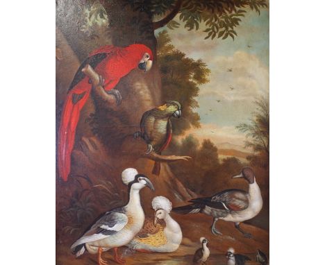 Follower of Jacob Bogdani, An assembly of birds in a landscape, oil on canvas, bears 'Studio M Canals' stamp on stretcher, 98