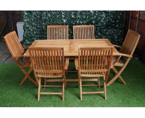 Hartman selection; a slatted hardwood folding rectangular garden table, 158 long x 100cm wide, a set of six folding chairs wi