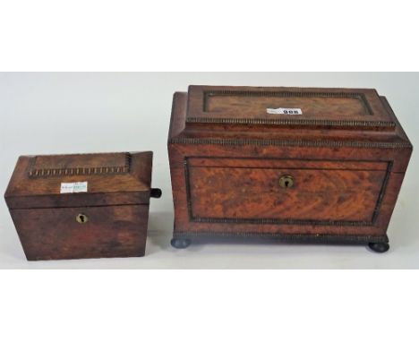 A William IV mahogany sarcophagus tea caddy, with twin lidded interior and split bobbin mounts, 33cm wide x 20cm high, togeth