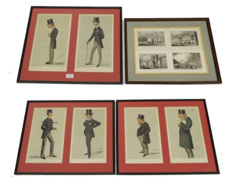 Six Vanity Fair 'Spy' prints of gentlemen characters framed in three frames, 21.5" x 18" together with a print of four engrav
