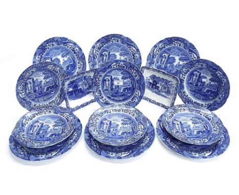 Six Copeland Spode, Italian pattern blue and white soup bowls, together with six similar design dinner plates and two porcela