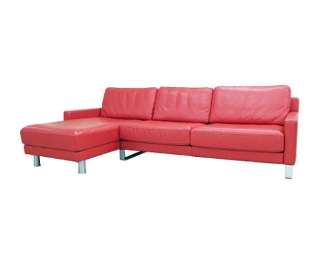 Edgar Reuter for Rolf Benz, 'Ego type F' red leather sofa, with chaise section upon coated steel sleigh legs, 103" long, 38" 