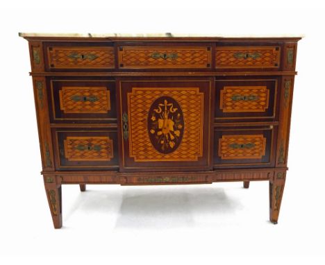 Decorative French Louis XV style parquetry breakfront commode, the marble top over an arrangement of six short drawers and a 