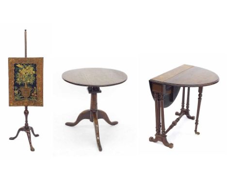 Victorian mahogany tripod pole screen, with floral tapestry banner; also a 19th century country elm low tripod table and an E