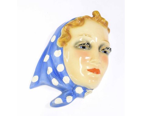 Karlstruhe Art Deco ceramic wall  mask, of a lady wearing a blue head scarf, impressed mark to the reverse, 8" high approx (a