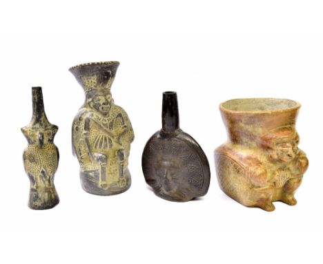 Tribal Interest - Four Peruvian vessels; A Chimu pottery owl vessel and another Chimu pot modelled as an Inca on a throne, bo