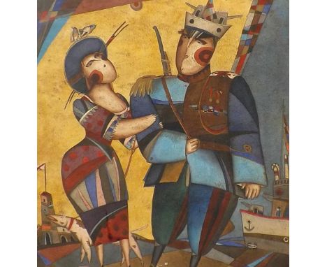 Russian School (20th/21st century) - Naval officer with a lady, a ship nearby, indistinctly signed, limited edition print, nu