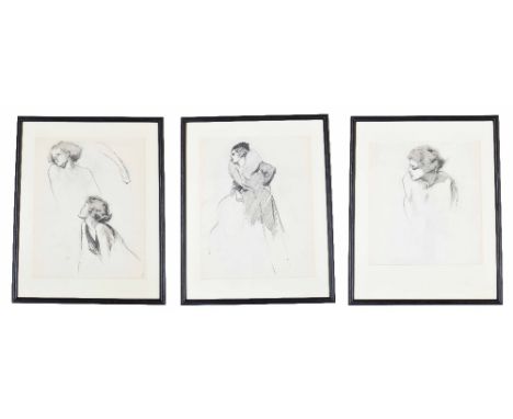 Study of a young girl wearing a coat and hat, an unfinished preparatory sketch; together with two further companions, two stu
