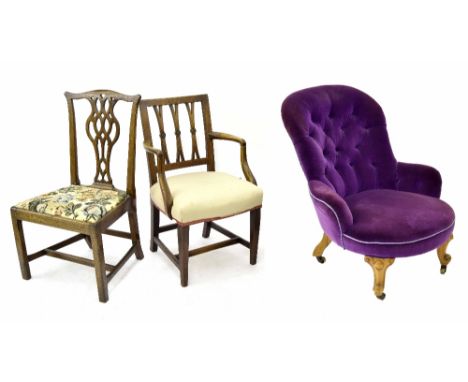 Early 19th century mahogany carver chair; also another single dining chair and a Victorian walnut button-back nursing chair (