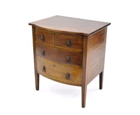 19th century mahogany boxwood inlaid bowfront commode chest, with three drawers applied with lion's head ring handles over sh