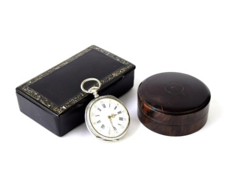 Continental white metal cylinder fob watch signed Lamy, 45mm (at fault); also a papier maché trinket box and a circular treen