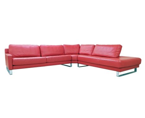 Edgar Reuter for Rolf Benz 'Ego type F' large corner sofa, in red leather, with open chaise seat to one end, upon coated stee