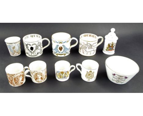 Commemorative wares to include three Richard Guyatt design mugs, Victoria 1837-1897 enamel beaker, two Victoria brown transfe