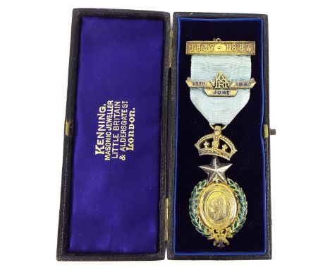 Masonic Victorian Albert Prince of Wales Commemorative medallion, silver-gilt with green enamel, dated June 13th 1887, design