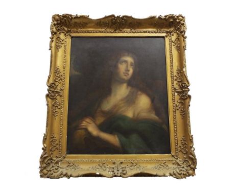 After Guido Reni (18th century) - portrait of a female saint, half length and semi-draped, oil on canvas, 30" x 34.25"