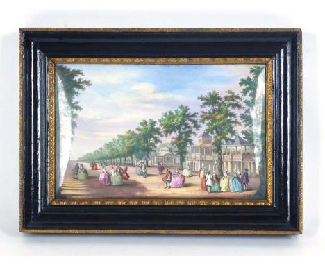 A late 19th century French enamel plaque of large proportions painted with 'The Grand Walk in Wauxhall(sic) Gardens' after a 