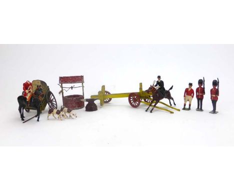 A mixed group of Britain's and other lead figures including farmyard figures, animals and implements and a hunting group (qty