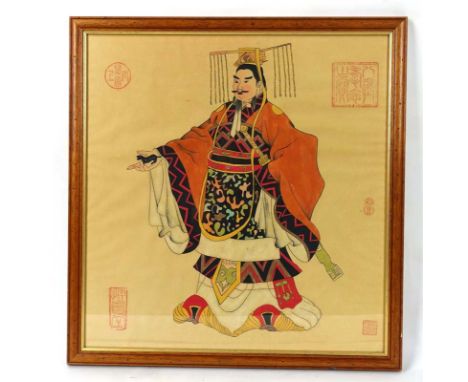 A Chinese woodblock print depicting an emperor holding a small animal in his palm, with seal marks, image 54 x 52 cm CONDITIO