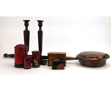 A group of collectables including a French kingwood, metalware mounted and mother-of-pearl inlaid box, an ebony, satinwood an