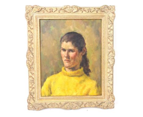 Douglas Richmond (20th century),A head a shoulders portrait of a young lady wearing a yellow turtleneck jumper,signed and dat