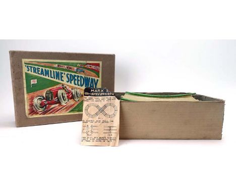 A Marx tinplate 'Streamline' Speedway set comprising two cars and track, plain card box with lithograph label 
