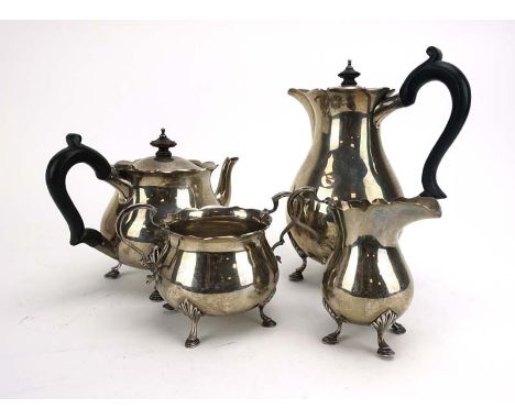 An early 20th century silver four piece tea service of ovoid from and hoof feet, maker JR, Sheffield 1918/19, 58 ozs CONDITIO