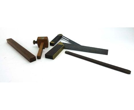 A boxwood sliding rule, a rosewood set square and a mixed group of tools CONDITION REPORT: Slid rule has four slides- see add
