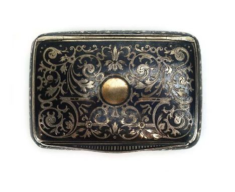 A (?)Polish niello work metalware cigarette case decorated with vine leaves and foliate scrolls, maker JH, w. 9.5 cm CONDITIO