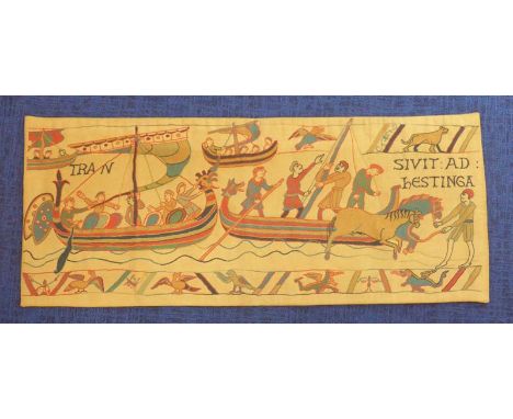 After the Antique, a pair of needlework tapestries in the Arts & Crafts manner, depicting the events of the Bayeux Tapestry, 