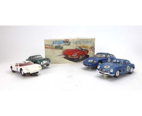 Six Scalextric vehicles comprising:24C/603 Super 124 Ace Series E type Jaguar sports saloon, boxed,C68 Aston Martin DB4 GT,C6