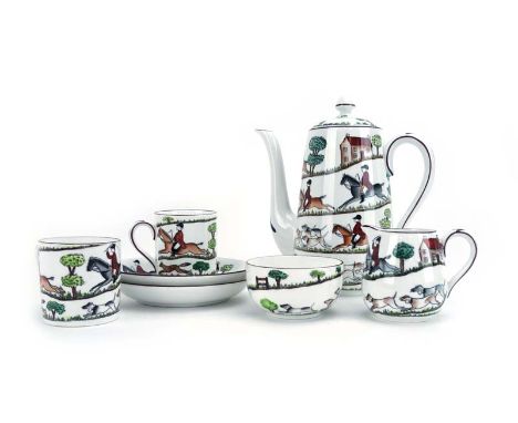A Crown Staffordshire 'Hunting Scene' pattern four sitting coffee service