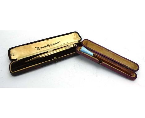A 9ct gold cased 'Mordan Everpoint' propelling pencil by Samuel Mordan & Co. in a fitted case, together with a cased enamel m