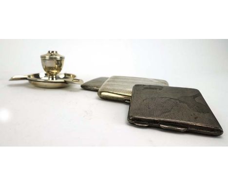 An Edwardian silver three section ashtray with central lighter section, Birmingham 1903, w. 11 cm, together with three silver