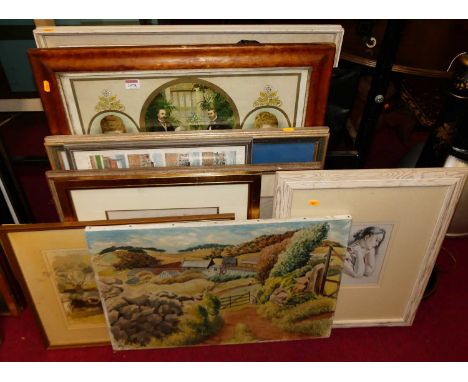 Assorted pictures and prints, to include portrait study, landscape scene in oil, Ethel Keen watercolour etc 