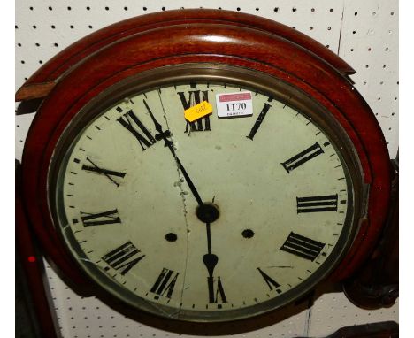 A Victorian mahogany circular wall clock, having a replacement quartz movement, breaks to glass, and section of mahogany surr